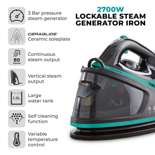 Tower T22023TL Ceraglide Steam Generator, Digital Display, 2700W, 1.2L, Teal