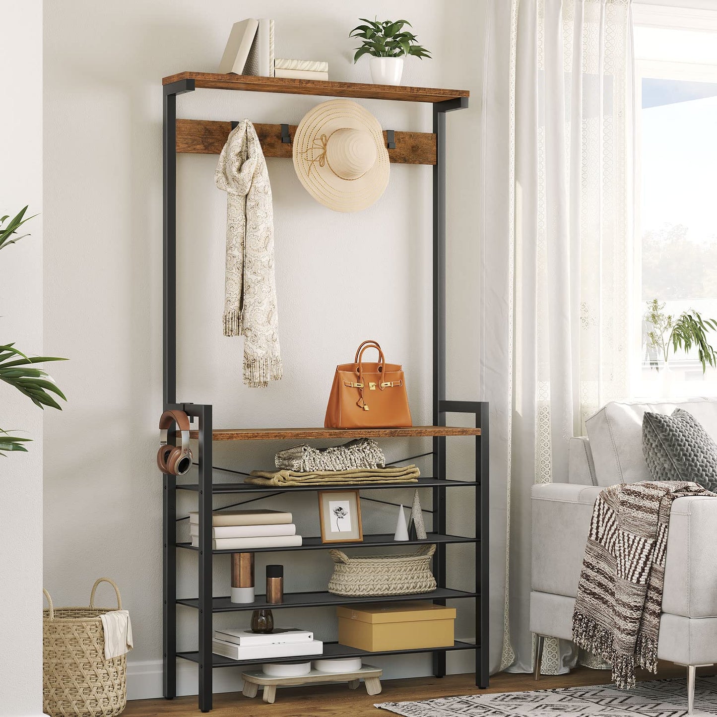 HOOBRO Coat Stand, Coat Rack with Shoe Storage, Industrial Hall Tree, Large Hall Stand, 5 Removable Hooks, Wood Accent Top Shelf, Entryway Storage