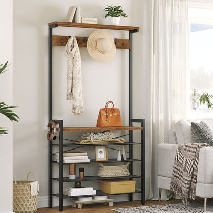 HOOBRO Coat Stand, Coat Rack with Shoe Storage, Industrial Hall Tree, Large Hall Stand, 5 Removable Hooks, Wood Accent Top Shelf, Entryway Storage