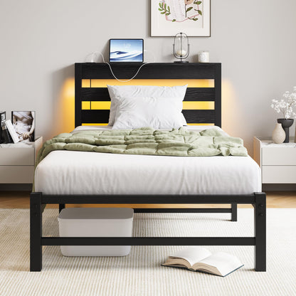 VERFARM 3ft Single Bed Frame with Charging Station and LED Lights, Heavy Duty Metal Platform Single 90x190 cm Bed Frame with Wood Storage Headboard