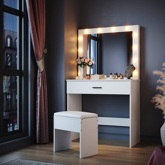 ELEGANT Hollywood Vanity Mirror Dressing Table Set with Adjustable 3 Color LED Lights, Girls Makeup Desk with 1 Large Storage Drawer, Bedroom