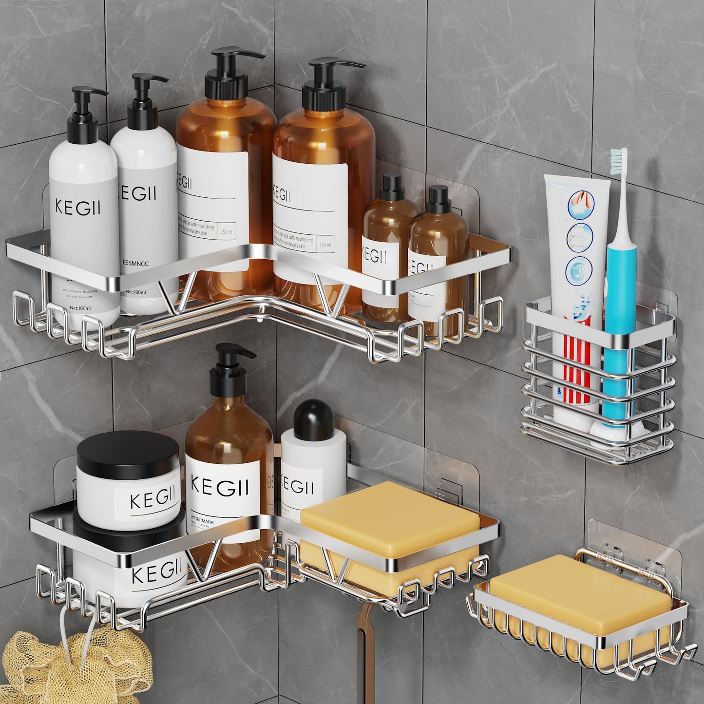 KEGII Corner Shower Caddy Silver - Shower Organiser Set with 2 Corner Shelf, Soap Holder and Toothbrush Holder, Stainless Steel, No Drilling