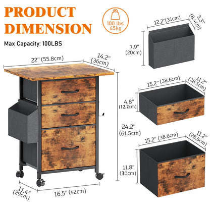 CAIYUN Filing Cabinet with 3 Fabric Drawers, Mobile File Cabinet on Wheels & Adjustable Feet, Rolling Under Desk Cabinet