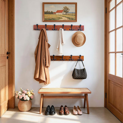 HONSKY Wall Mounted Coat Rack, 91cm Sapele Base,6 Black Sturdy Aluminium Alloy Triple Hooks(18 Hanging Points), Wall Coat Hanger for Entrance Hall