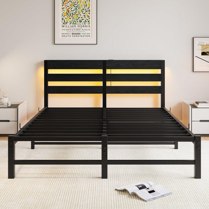 VERFARM 5ft King Bed Frame with Charging Station and LED Lights, Heavy Duty Metal Platform King 150x200 cm Bed Frame with Wood Storage Headboard