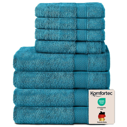 Komfortec Set of 8 100% Cotton Towels 470 g/m², 4 Bath Towels 70 x 140 cm and 4 Hand Towels 50 x 100 cm, Soft Terry Towelling, Large Size, Turquoise