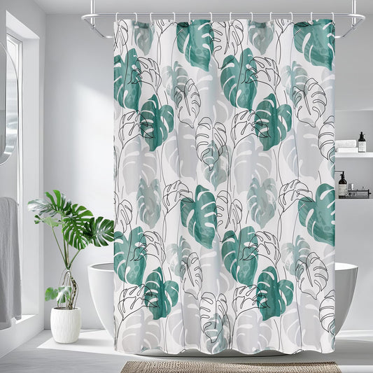 EurCross Green Shower Curtains, Tropical Leaves Bathroom Curtain Anti Mould, Waterproof Curtains for Shower with Weighted Hem and Rustproof Grommets,
