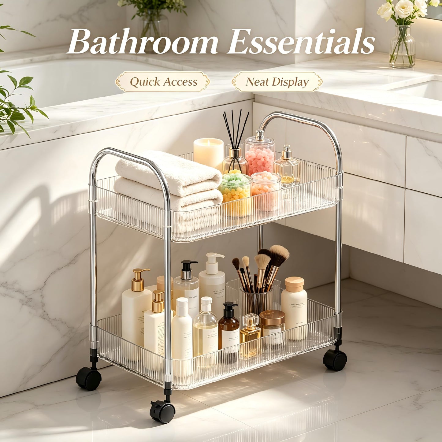 Guyi-Duck Clear Acrylic Storage Cart with Wheels, Transparent Rolling Organiser Trolley for Kitchen, Bathroom, Office and Home Corner