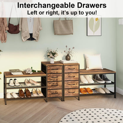 Welfuturer 3-Tier Shoe Storage Bench with 4 Fabric Drawers and Seat, Industrial Shoe Rack Cabinet with Shoe Shelf Storage for Hallway, Entryway