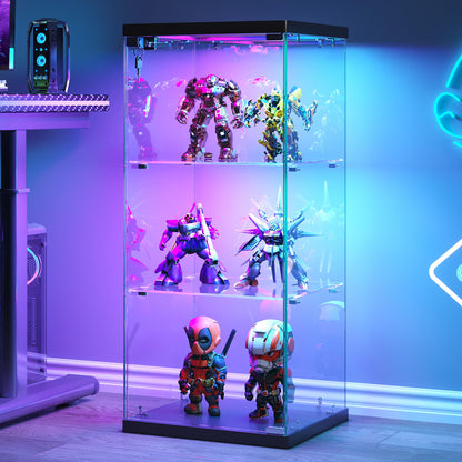 FREDEES Glass Display Cabinet with RGB Lights, 3-Tier, Black