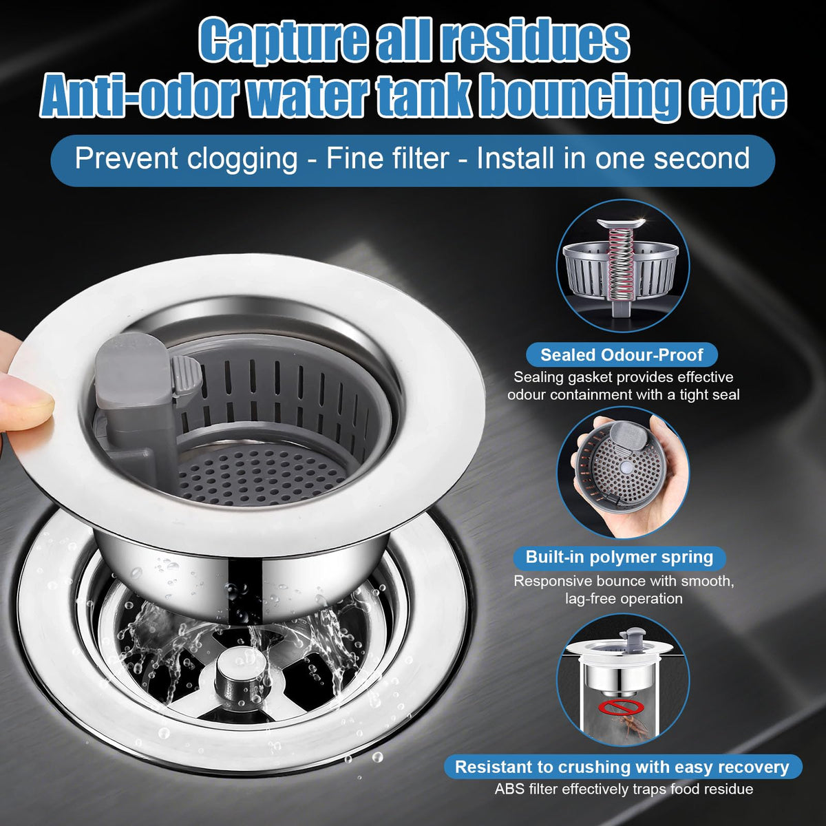 OneNine 3-in-1 Kitchen Sink Drain Strainer – Stainless Steel Sink Plug with Handle, Universal 71-81mm Sink Strainer Replacement