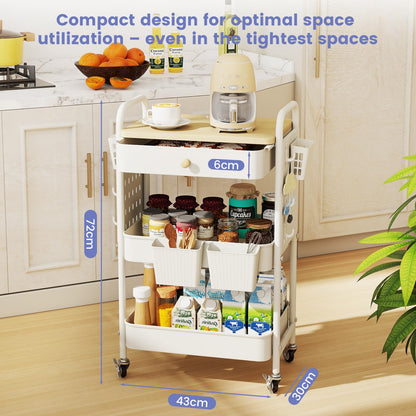 danpinera 3 Tier storage trolley, Metal storage cart with DIY Pegboard & Drawer, storage trolley on wheels with Hooks & Hanging Cups for Living Room