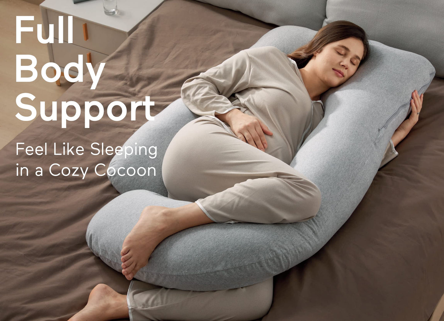 momcozy U Shaped Pregnancy Pillows with Cotton Removable Cover, 57 Inch Full Body Pillow Maternity Support, Must Have for Pregnant Women, Hatha Grey