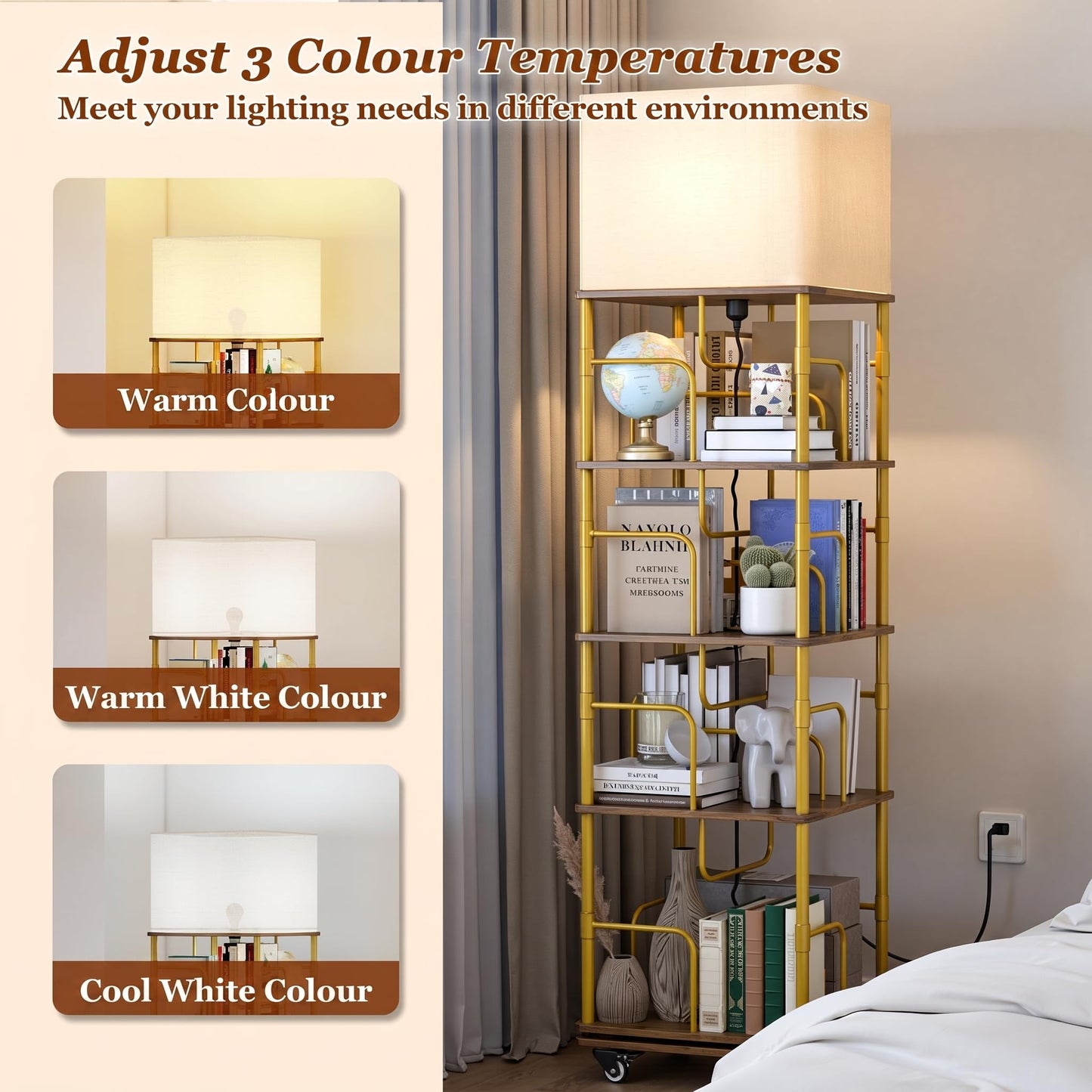 Quikraen 4-tier Rotating Bookshelf with LED and Lockable Castors，Gold+Brown