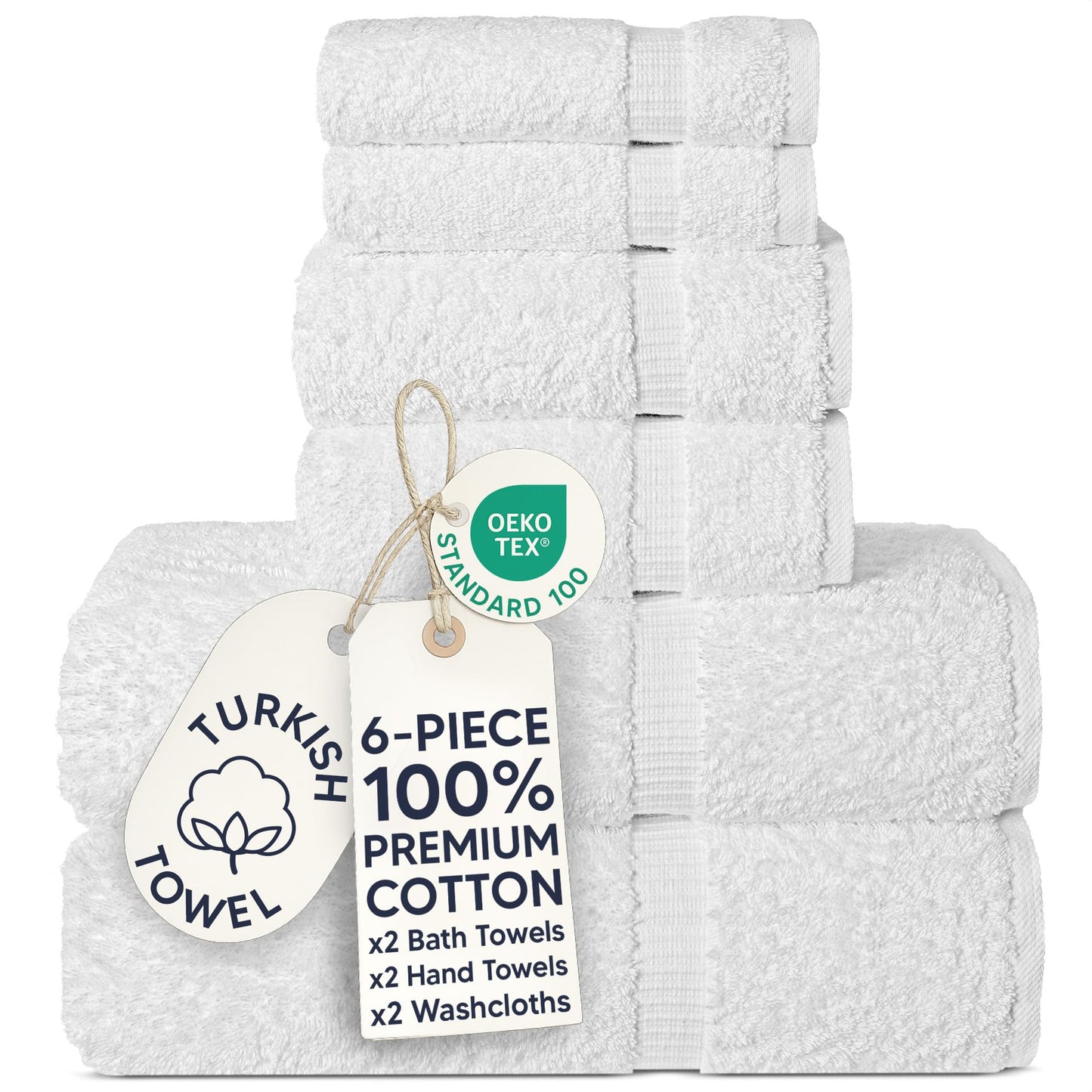 Chakir Turkish Linens Luxury Spa and Hotel Quality Premium Turkish Cotton 6-Piece Towel Set (2 x Bath Towels, 2 x Hand Towels, 2 x Washcloths)