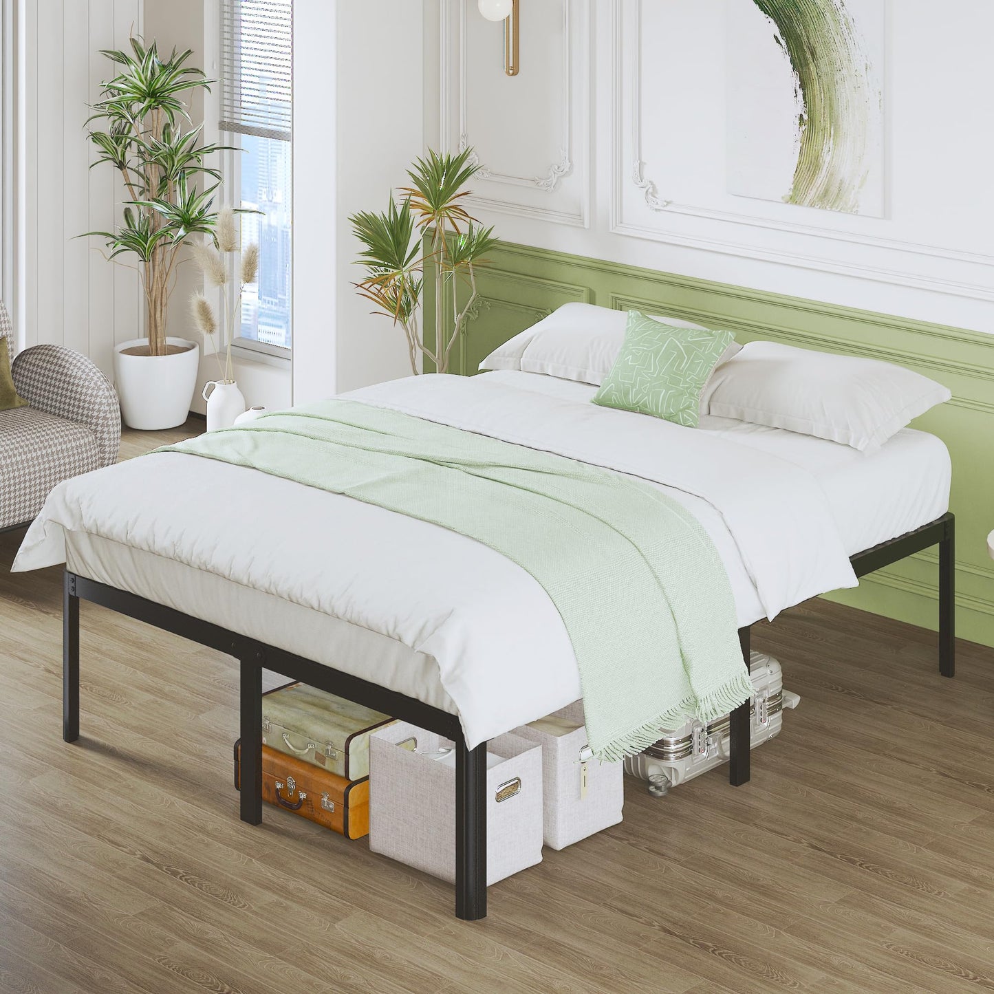 Lutown-Teen High Double Bed Frame 4ft6 with Rounded Corner Legs, Heavy Duty Metal Bed Frame Small Double with Steel Slats Support, Double Bed 46 cm