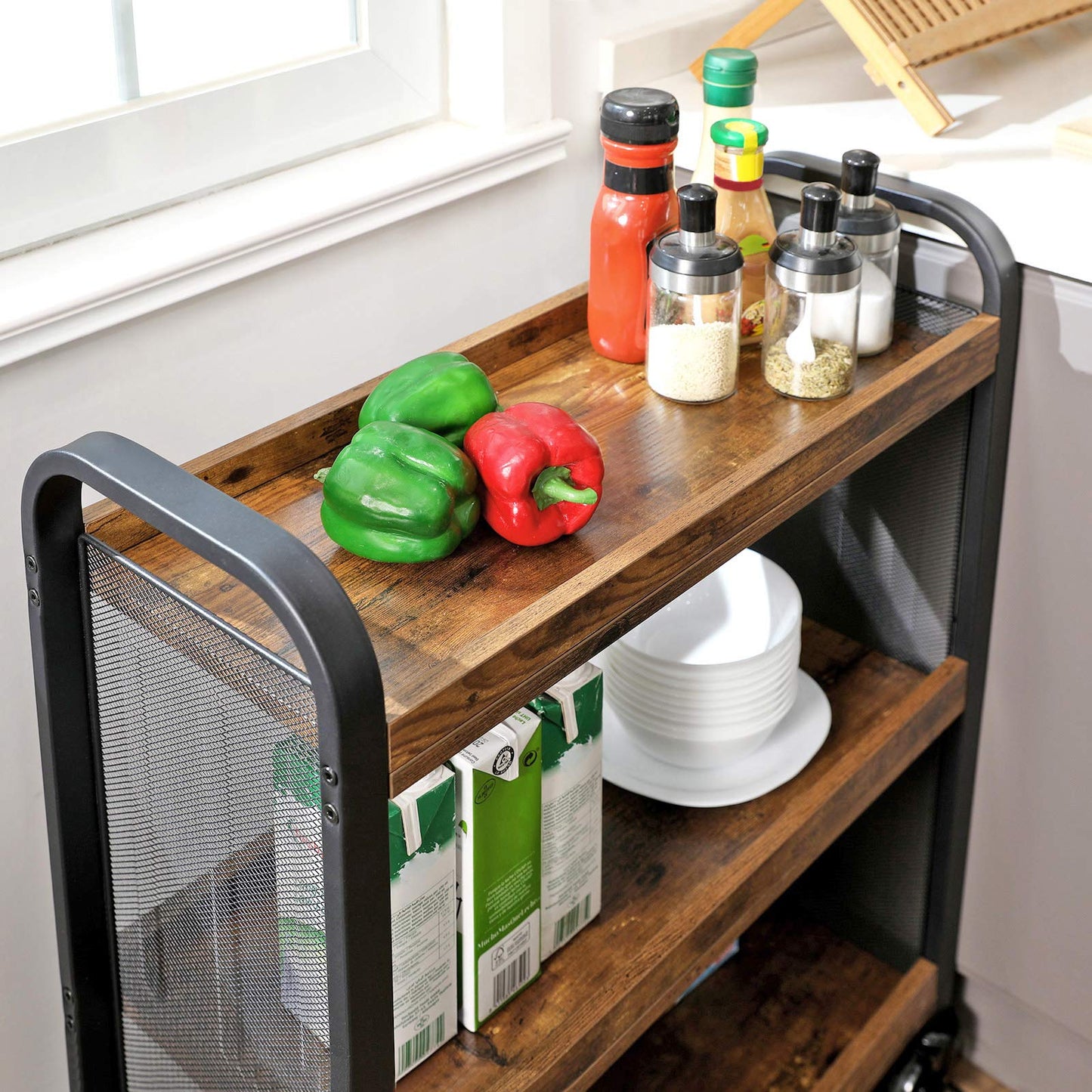 VASAGLE Industrial Style Lunch Trolley, Space-Saving Trolley Fixed or with Universal Wheels, Kitchen Shelf with Iron Frame, 66 x 26 x 85 cm, Vintage Brown LRC66BX