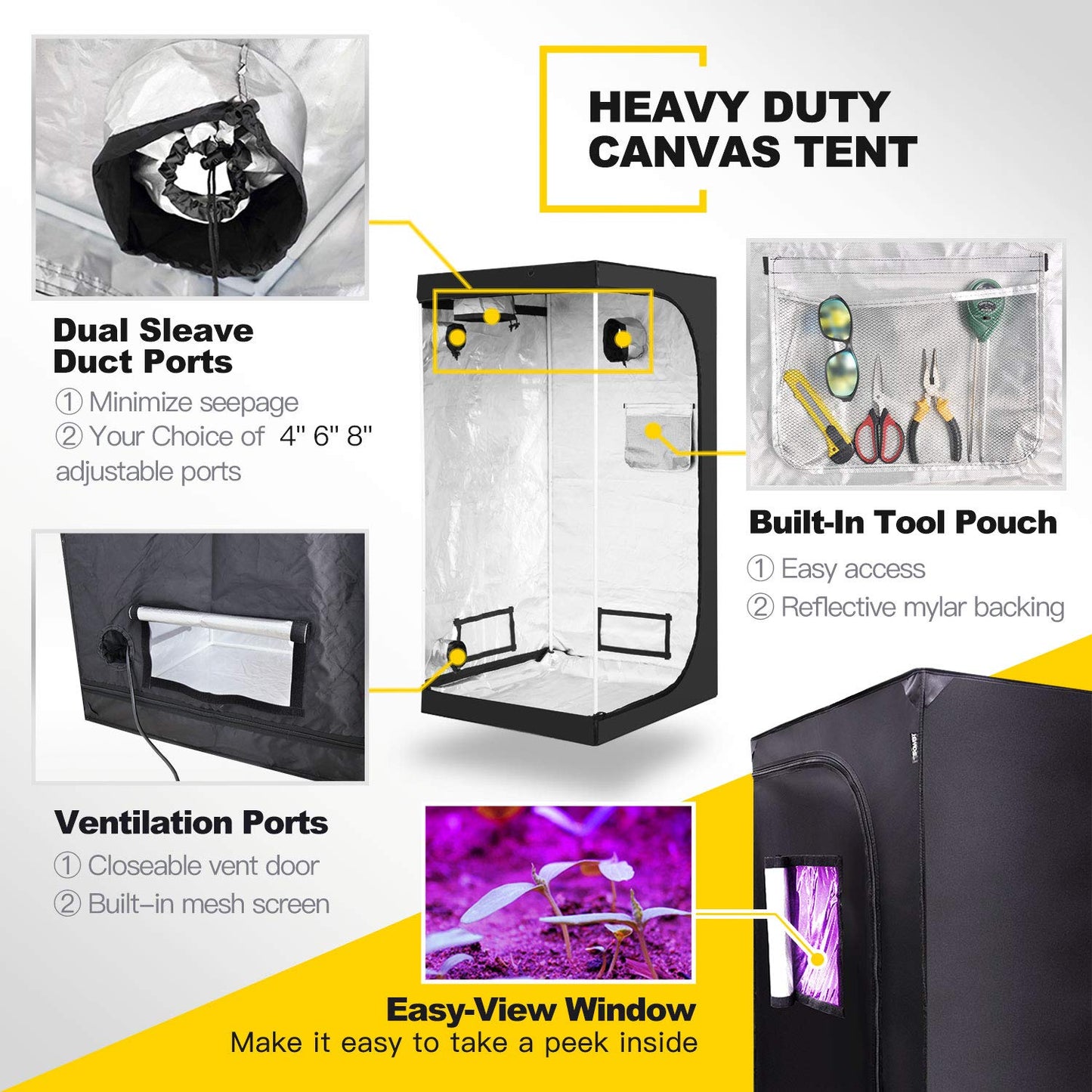 iPower Mylar Hydroponic Water-Resistant Grow Tent with Observation Window and Removable Floor Tray, Tool Bag for Indoor Plant Seedling, Propagation,