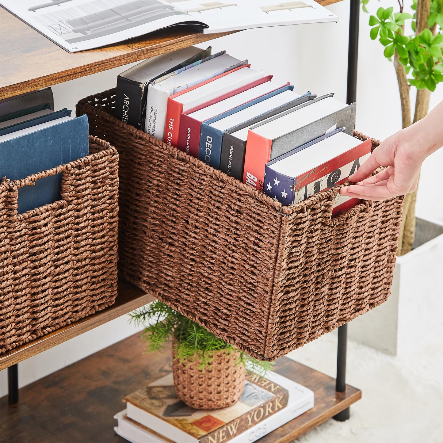 Vagusicc Wicker Storage Basket, Set of 2 Handwoven Storage Baskets for Shelves, Collapsible Storage Box Organiser Shelf Hamper Gift Basket for