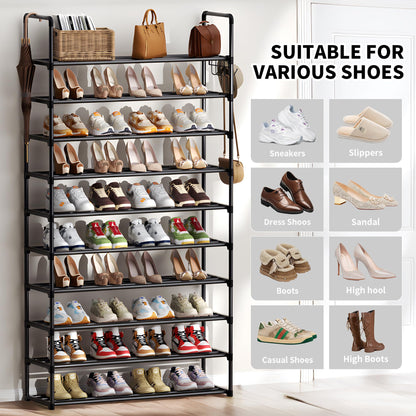 SPUSEN Metal Shoe Rack, 10 Tier Shoe Storage Organizer with Hooks,Fit 40-45Pairs Shoes,Metal Tall Shoe Shelf for