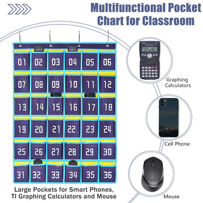 Loghotqqw Numbered Classroom Sundries Closet Pocket Chart for Cell Phones Holder Wall Door Hanging Organizer Blue (36 Pockets with Digital)