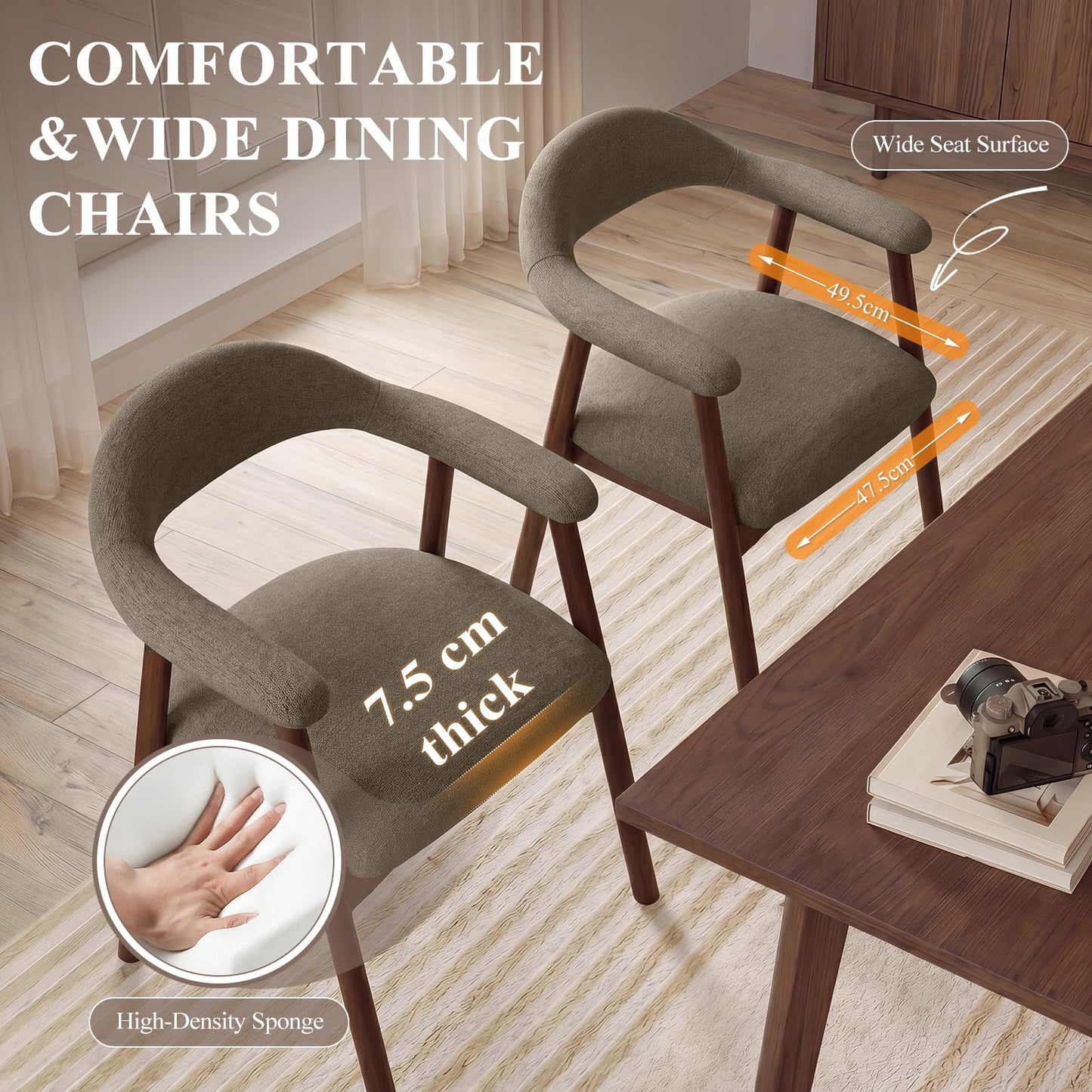 MALOL Wooden Dining Chairs Set of 4, Fabric Chairs for Dining Room with Armrest, Upholstered Kitchen Chairs with Curved Back and Wood Legs for Dining