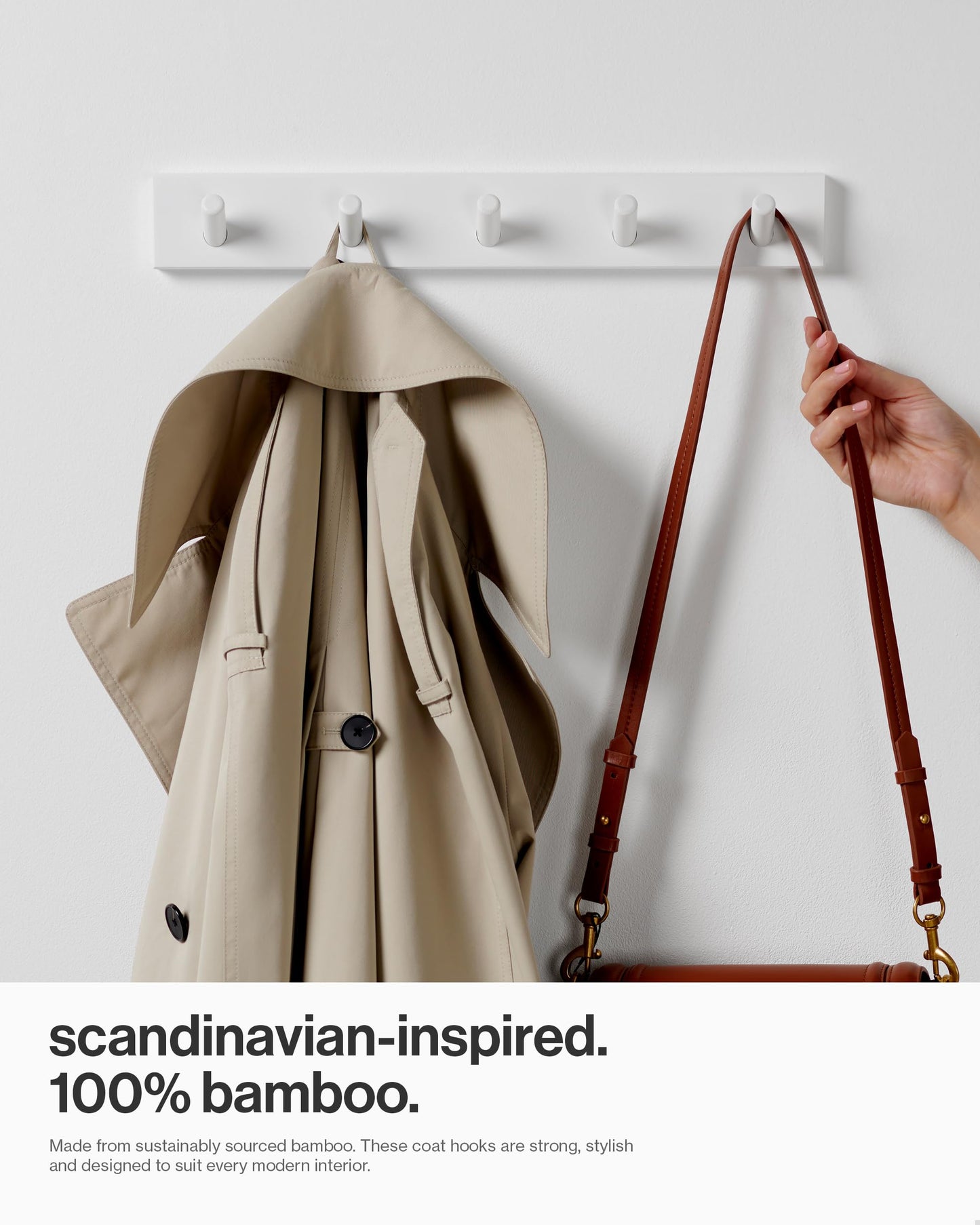 LARHN White Wall-Mounted Coat Rack - 5 Coat Hooks, 43cm