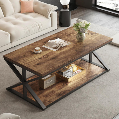 HSH Rustic Coffee Table, Farmhouse Coffee Tables for Living Room, Rectangle Wooden Center Tables with Storage