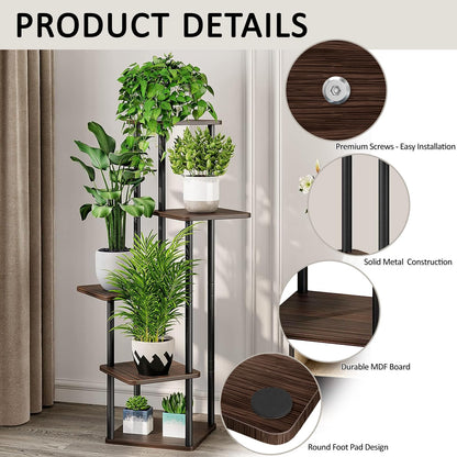 VASZOLA 5 Tier Wood Tall Plant Stand, Metal Rack with Multiple Flower Pot Holder Shelves, Planter Shelf Display Rack Storage Organizer for Balcony