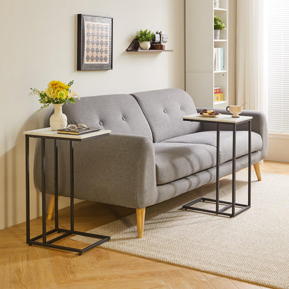 Aibiju Set of 2 C Shaped End Table for Sofa, Bedside Table, Couch Table with Metal Frame for living Room, Bedroom, Balcony, White Faux Marble and