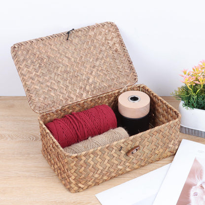 FEIALNDUO Wicker Shelf Baskets with Lid,Seagrass Storage Basket Bins Rectangular Handwoven Basket Boxes for Shelves Desktop Home Organizer