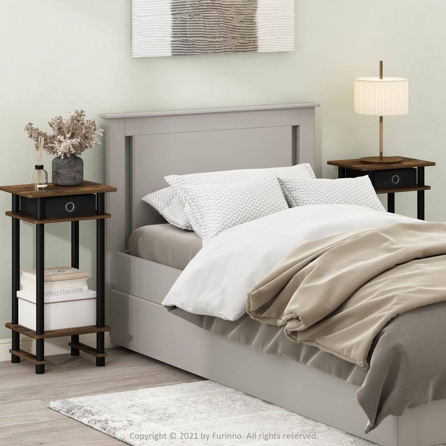 Furinno TURN-N-TUBE Side Table Set of 2, 3-Tier End Table with Storage Bin, Open Shelf Night Stand, Bedside Table, for Living Room, Bedroom