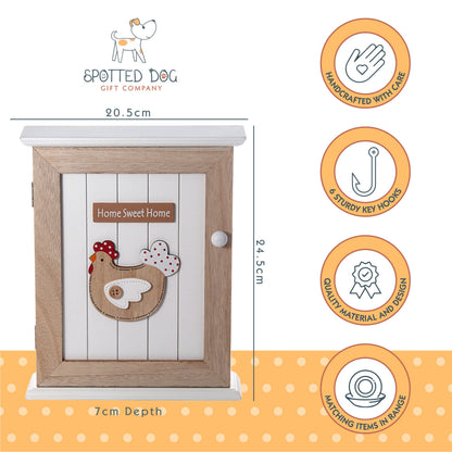SPOTTED DOG GIFT COMPANY Key Box Wall Mounted Wooden Key Cupboard Cabinet with 6 Hooks for Hallway, Decorative Chicken Themed Home Décor