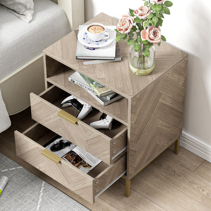 Skokliz Bedside Table with2 Drawers and Storage Shelf, Nigntstand for Bedroom, Wood End Table for Living Room, Small spaces, oak