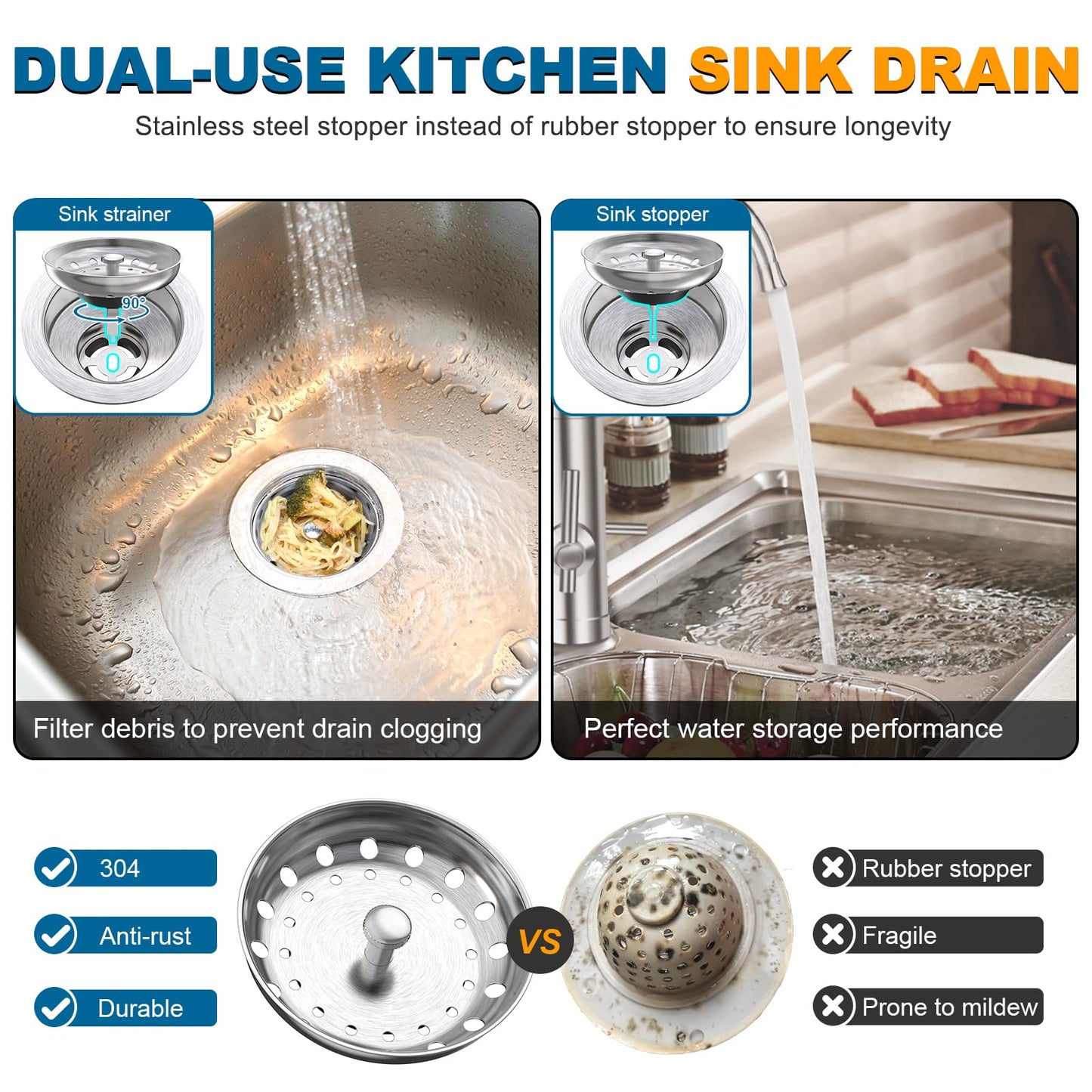 BOTEMY B9100 Kitchen Sink Drain Assembly Kit 3-1/2 Inch with Removable Stainless Steel Sink Strainer Basket Drain Stopper, Brushed
