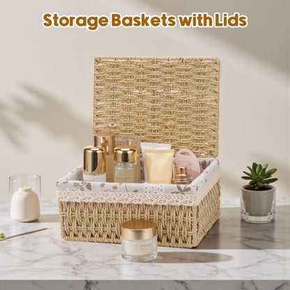 3pcs Woven Storage Baskets with Lids, Decorative Storage Boxes, Space-Saving Wicker Basket for Shelves, Paper Rope Basket Bedroom Storage Solutions