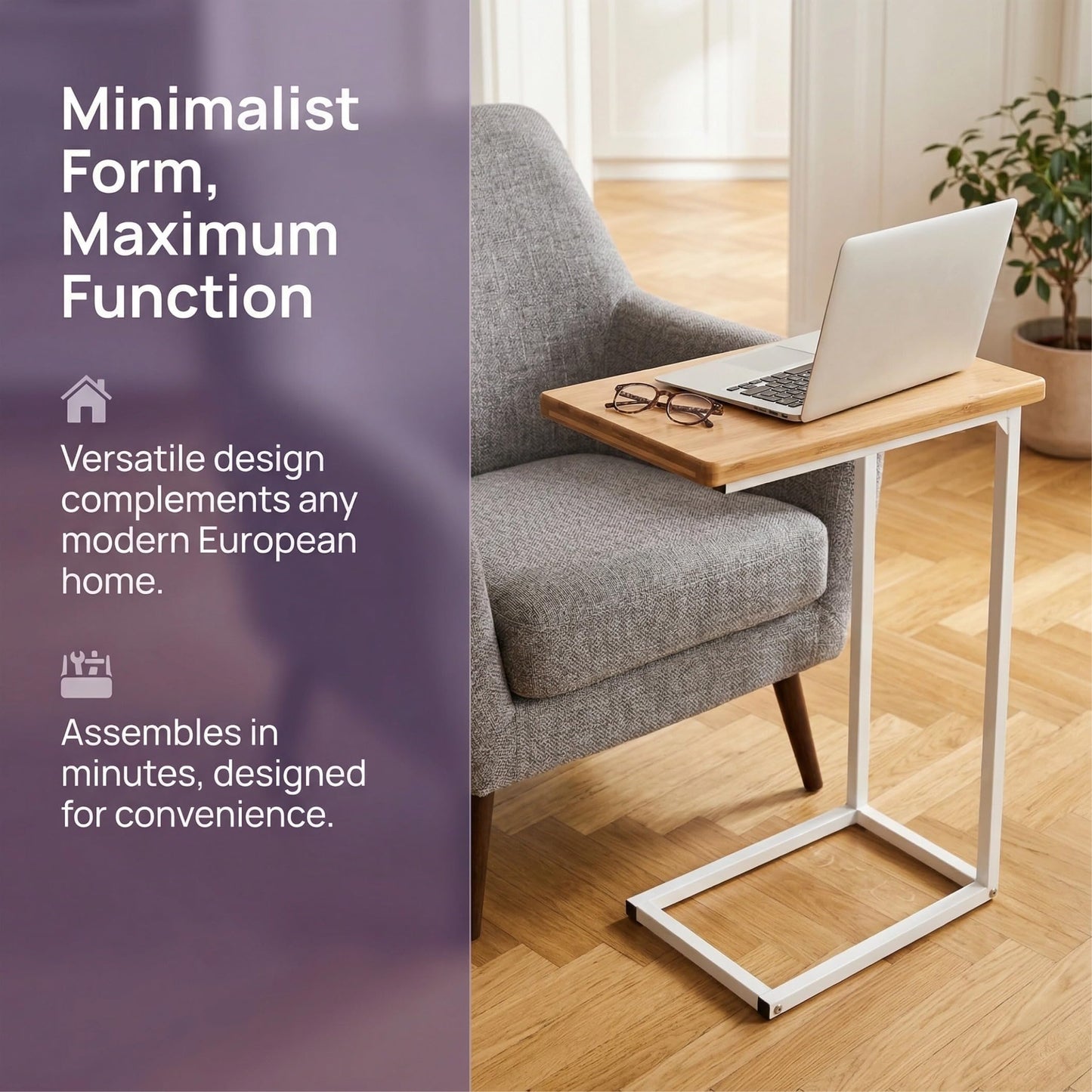 bonVIVO Small Side Table, Stable C-Shaped End Table for Bedside, Modern Coffee Table with Sturdy Metal Frame & Wooden Top