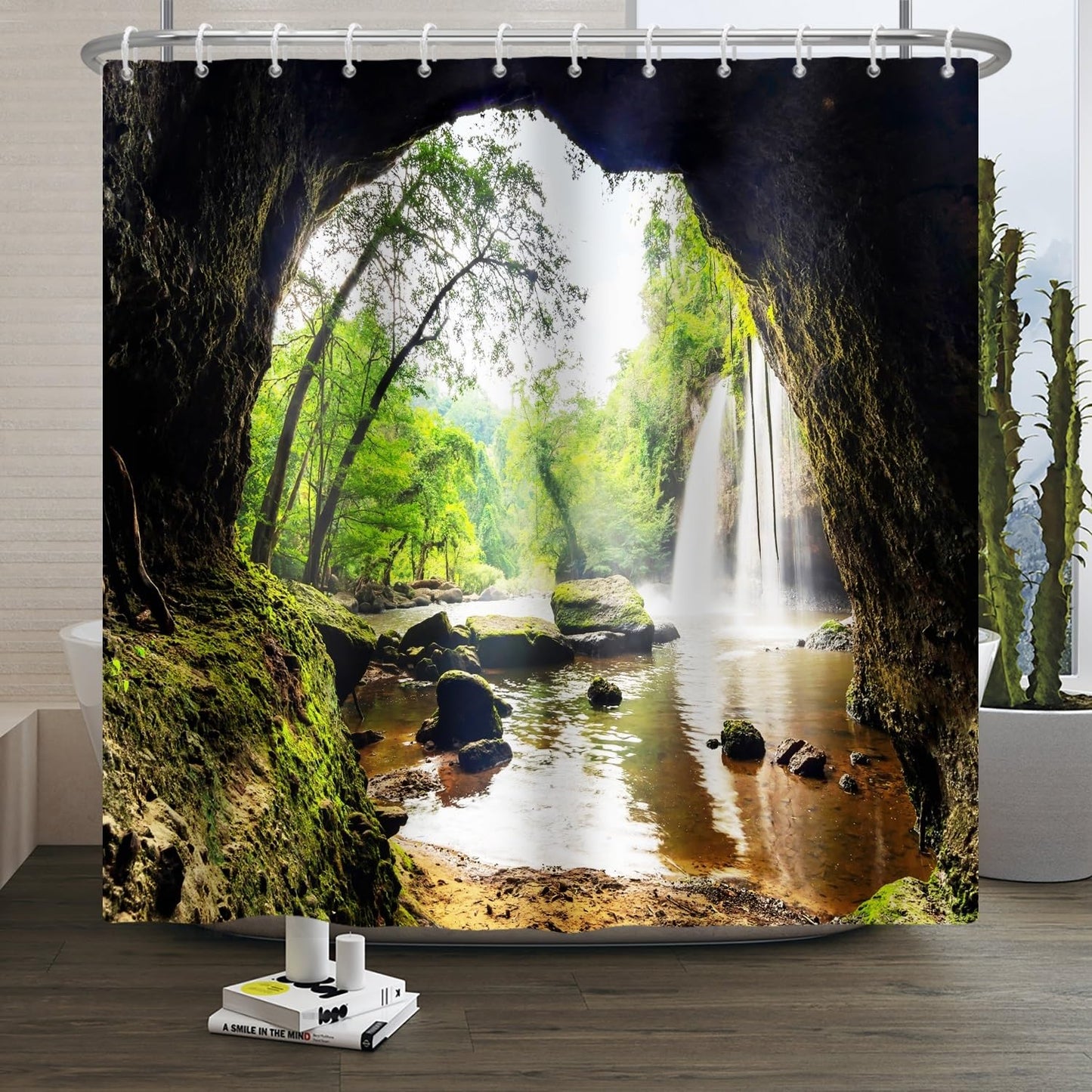 Xiaoterna Nature Shower Curtain Tropical Forest Green Tree Mould Proof Bathroom Curtain Spring Jungle Rainforest Waterfall Scenery Washable Shower