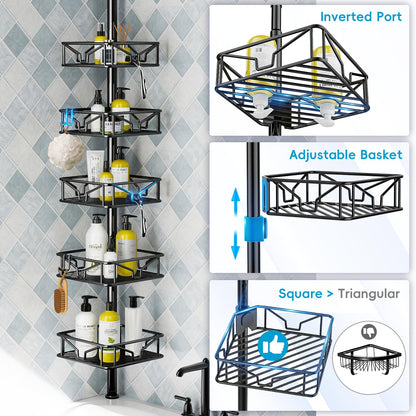 Mutool Adjustable Shower Shelf, Telescopic Shower Caddy with Hooks, No Drilling Corner Shelf with 5 Trays