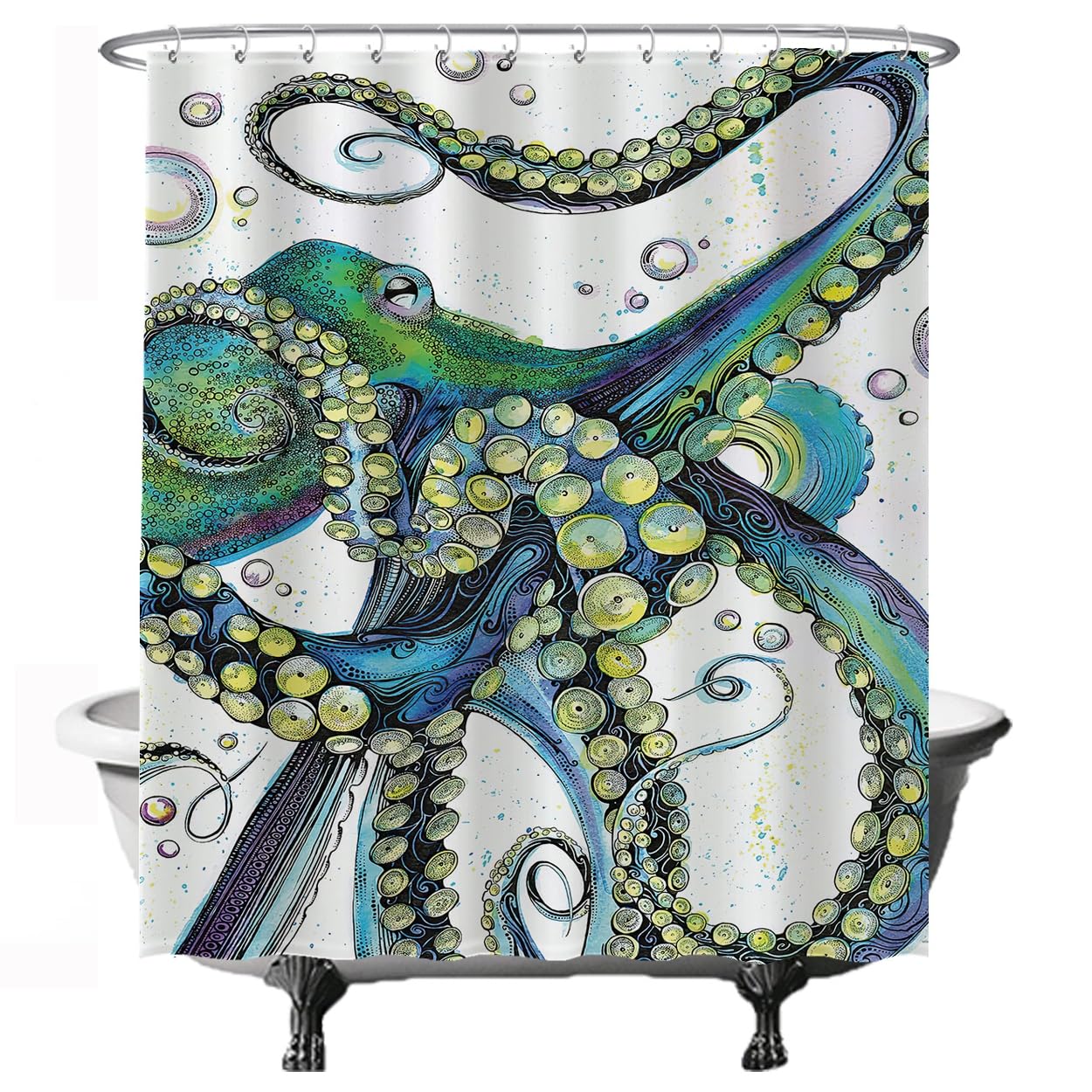 Ulticool Shower Curtain - Octopus Calamari Sea Natural - 180 x 200 cm - Washable - Waterproof - with 12 Rings