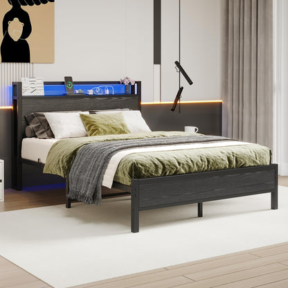 Diahomy 4ft6 Double Bed Frame with Storage Headboard&LED Lights,Black
