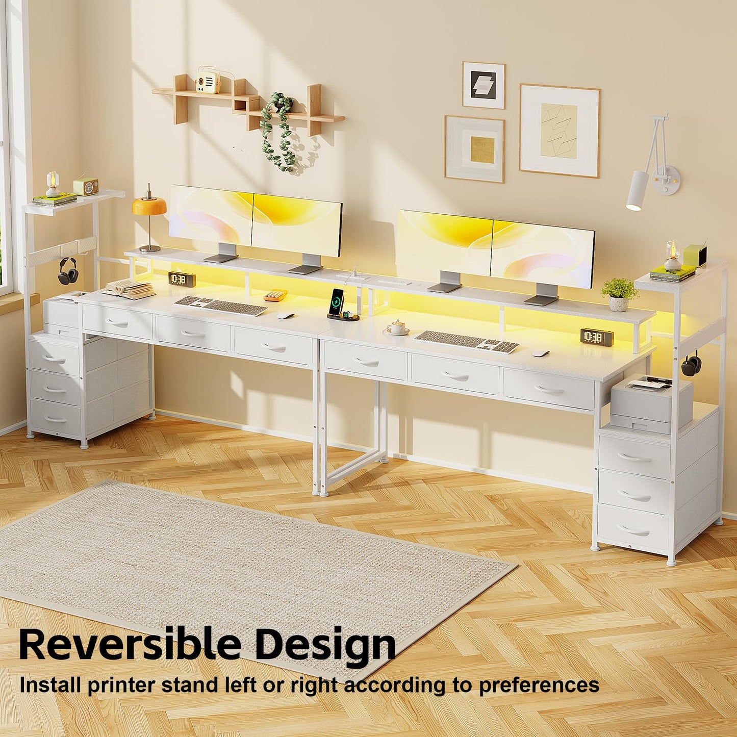 WEMANER 151cm Computer Desk with 6 Fabric Drawers, Reversible Home Office Desk with Printer Cabinet, Writing Desk with Monitor Stand & Power Outlets