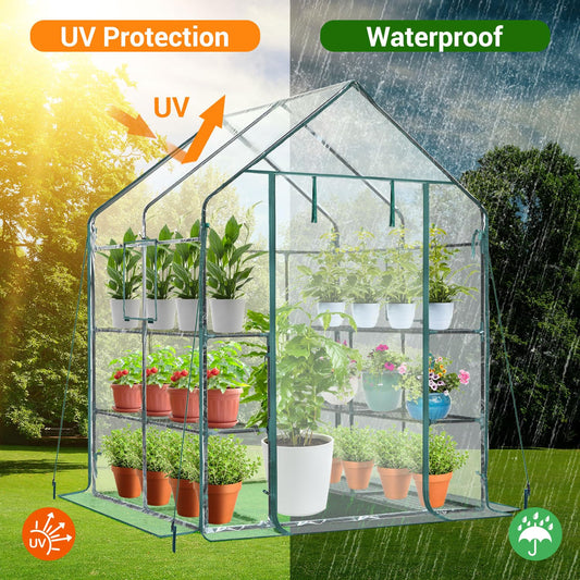 Ohuhu Plastic Greenhouse with Improved Transparent PVC Cover, Portable Walk in Plant Green House, 3 Tiers 12 Shelves Stands Small Greenhouses Backyard