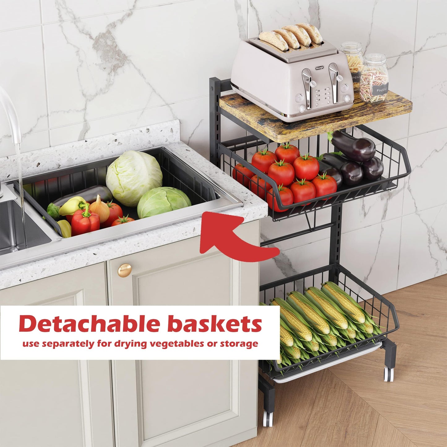UMDONX Vegetable Storage Rack,kitchen Trolley,Vegetable Trolley on Wheels,4 Tier Kitchen Vegetable Storage Trolley Black Metal 15.4"*12.2"*34.44"