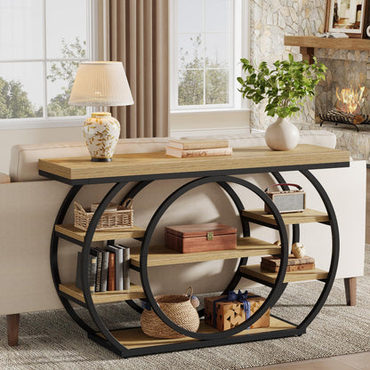 Tribesigns Circle Base Console Table | Narrow Entryway Table 120x30x80cm | 4-Tier Storage Shelf | Industrial Farmhouse Hallway Sofa Table,Rustic