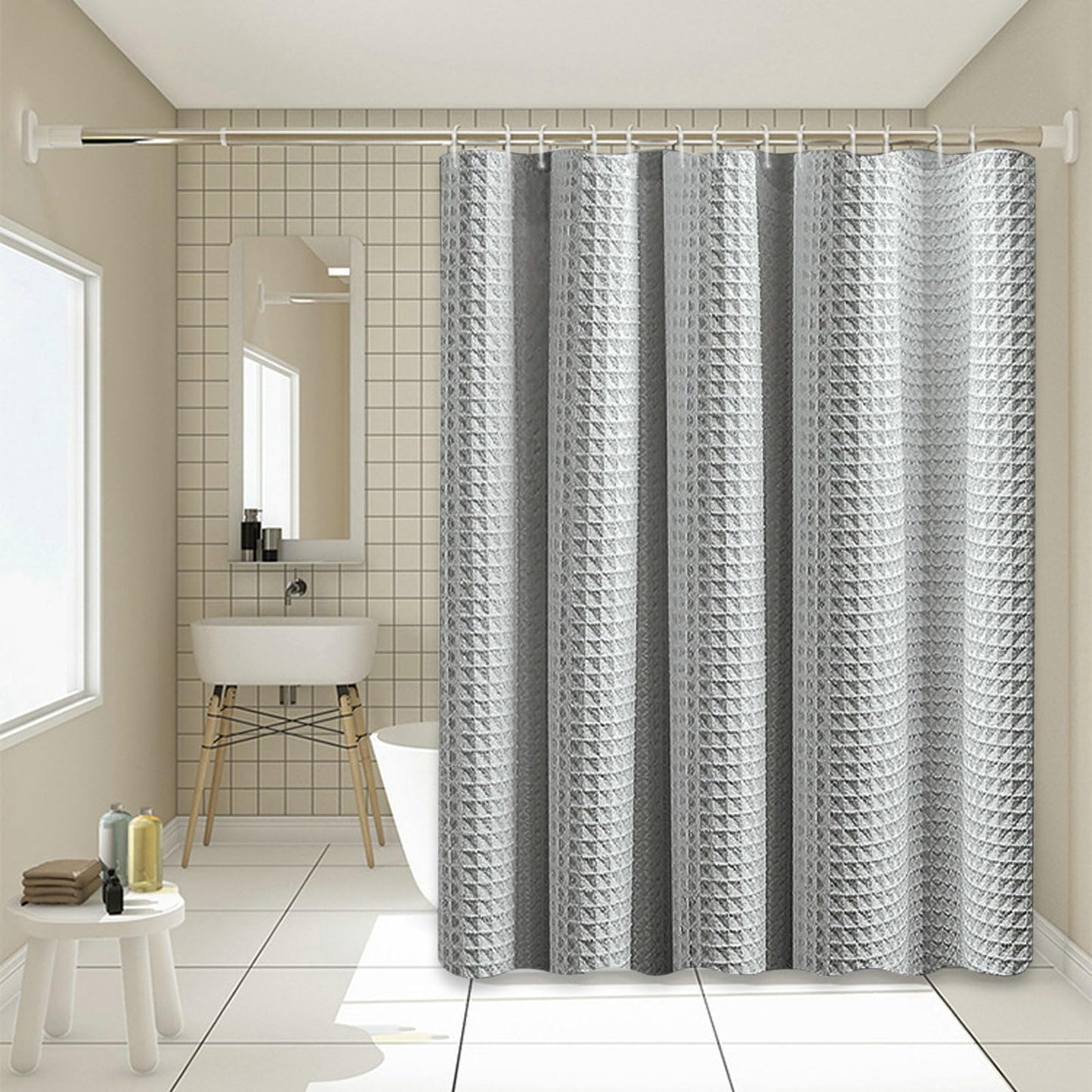Stfery Shower Curtain Waffle Grey 200 x 240 cm Shower Curtain Waterproof Mould Resistant