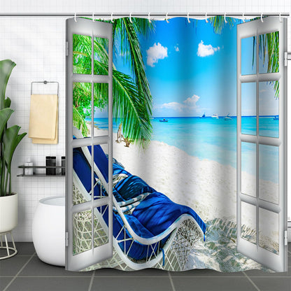 FAIRYGATE Beach Shower Curtain Palm Tree Decor Ocean Beach Seascape Through White Wooden Windows Summer Scene Tropical Island Blue Green Waterproof