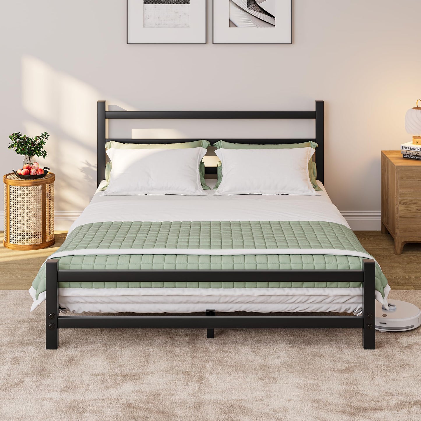 HOMERECOMMEND Double Bed Frame With Headboard,4ft6 Floor Bed Frame,Black