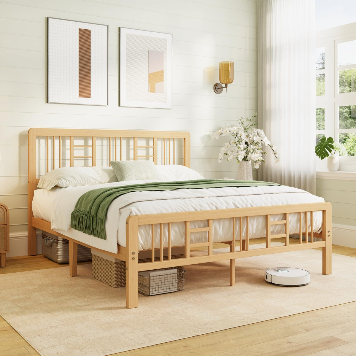 Hunlostten Wooden Double Bed Frame with Headboard - Bamboo Wood Bed Frames with Metal Slats Support and Underbed Storage, Easy to Install, Noise Free