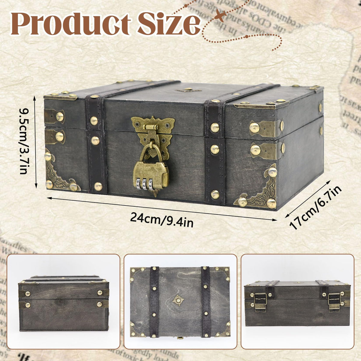 Forbabe Wooden Treasure Chest 24 x 17 x 10 cm - Vintage Treasure Chest with Lock